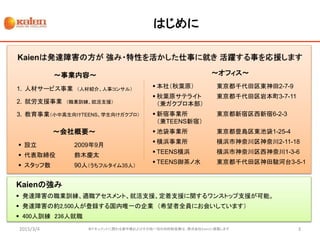 はじめに
本ドキュメントに関わる著作権およびその他一切の知的財産権は、株式会社Kaienに帰属します 3
～事業内容～
1. 人材サービス事業 （人材紹介、人事コンサル）
2. 就労支援事業 （職業訓練、就活支援）
3. 教育事業（小中高生向けTEENS、学生向けガクプロ）
Kaienの強み
 発達障害の職業訓練、適職アセスメント、就活支援、定着支援に関するワンストップ支援が可能。
 発達障害の約2,500人が登録する国内唯一の企業 （希望者全員にお会いしています）
 400人訓練 236人就職
～オフィス～
 本社（秋葉原） 東京都千代田区東神田2-7-9
 秋葉原サテライト 東京都千代田区岩本町3-7-11
（兼ガクプロ本部）
 新宿事業所 東京都新宿区西新宿6-2-3
（兼TEENS新宿）
 池袋事業所 東京都豊島区東池袋1-25-4
 横浜事業所 横浜市神奈川区神奈川2-11-18
 TEENS横浜 横浜市神奈川区西神奈川1-3-6
 TEENS御茶ノ水 東京都千代田区神田駿河台3-5-1
～会社概要～
 設立 2009年9月
 代表取締役 鈴木慶太
 スタッフ数 90人（うちフルタイム35人）
2015/3/4
 