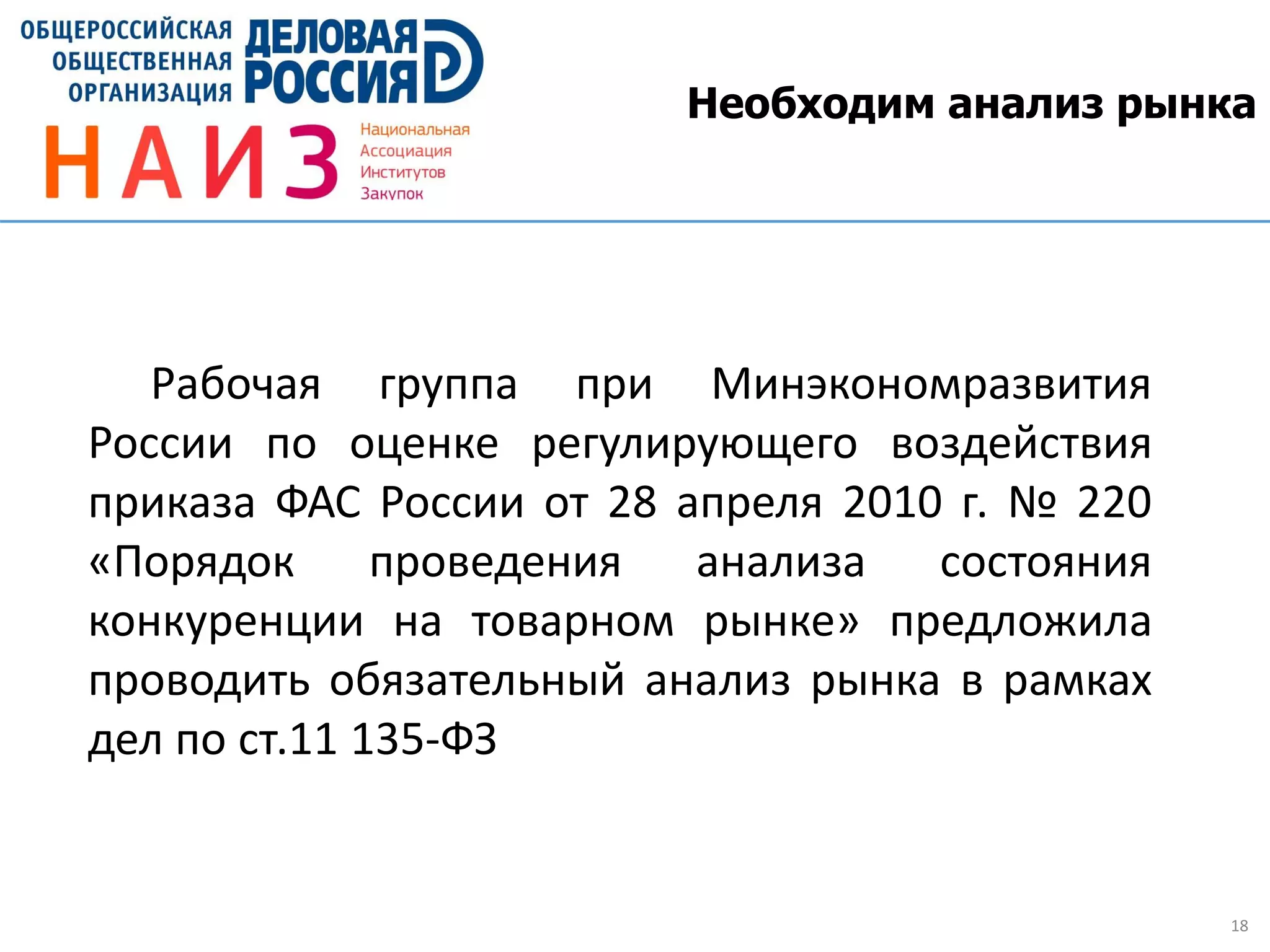18
Необходим анализ рынка
Рабочая группа при Минэкономразвития
России по оценке регулирующего воздействия
приказа ФАС России от 28 апреля 2010 г. № 220
«Порядок проведения анализа состояния
конкуренции на товарном рынке» предложила
проводить обязательный анализ рынка в рамках
дел по ст.11 135-ФЗ
 