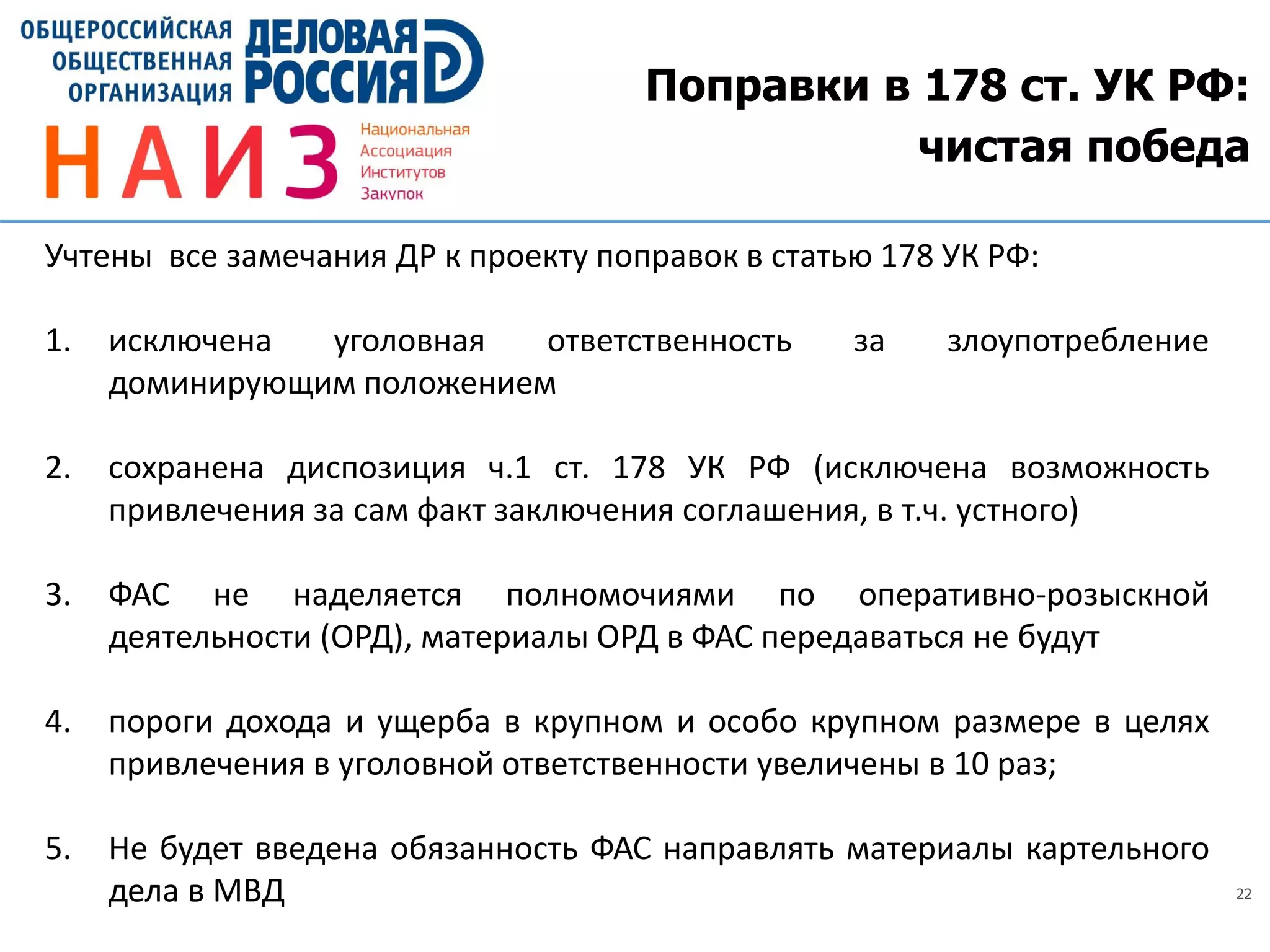 22
Поправки в 178 ст. УК РФ:
чистая победа
Учтены все замечания ДР к проекту поправок в статью 178 УК РФ:
1. исключена уголовная ответственность за злоупотребление
доминирующим положением
2. сохранена диспозиция ч.1 ст. 178 УК РФ (исключена возможность
привлечения за сам факт заключения соглашения, в т.ч. устного)
3. ФАС не наделяется полномочиями по оперативно-розыскной
деятельности (ОРД), материалы ОРД в ФАС передаваться не будут
4. пороги дохода и ущерба в крупном и особо крупном размере в целях
привлечения в уголовной ответственности увеличены в 10 раз;
5. Не будет введена обязанность ФАС направлять материалы картельного
дела в МВД
 
