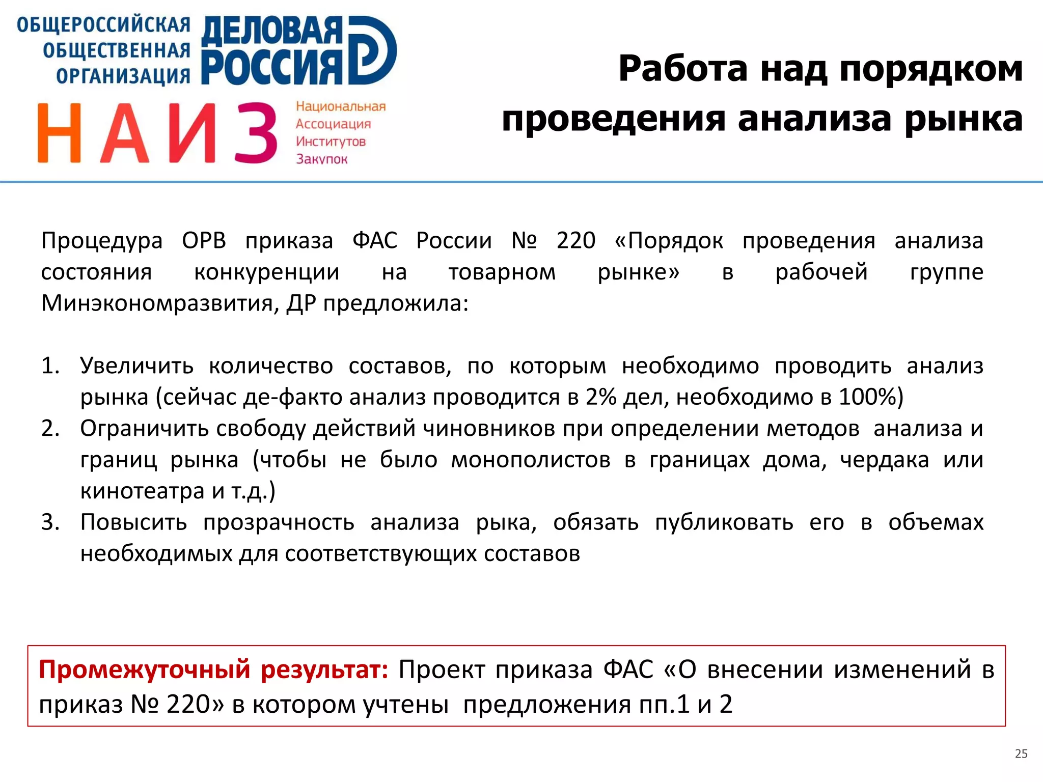 25
Работа над порядком
проведения анализа рынка
Промежуточный результат: Проект приказа ФАС «О внесении изменений в
приказ № 220» в котором учтены предложения пп.1 и 2
Процедура ОРВ приказа ФАС России № 220 «Порядок проведения анализа
состояния конкуренции на товарном рынке» в рабочей группе
Минэкономразвития, ДР предложила:
1. Увеличить количество составов, по которым необходимо проводить анализ
рынка (сейчас де-факто анализ проводится в 2% дел, необходимо в 100%)
2. Ограничить свободу действий чиновников при определении методов анализа и
границ рынка (чтобы не было монополистов в границах дома, чердака или
кинотеатра и т.д.)
3. Повысить прозрачность анализа рыка, обязать публиковать его в объемах
необходимых для соответствующих составов
 