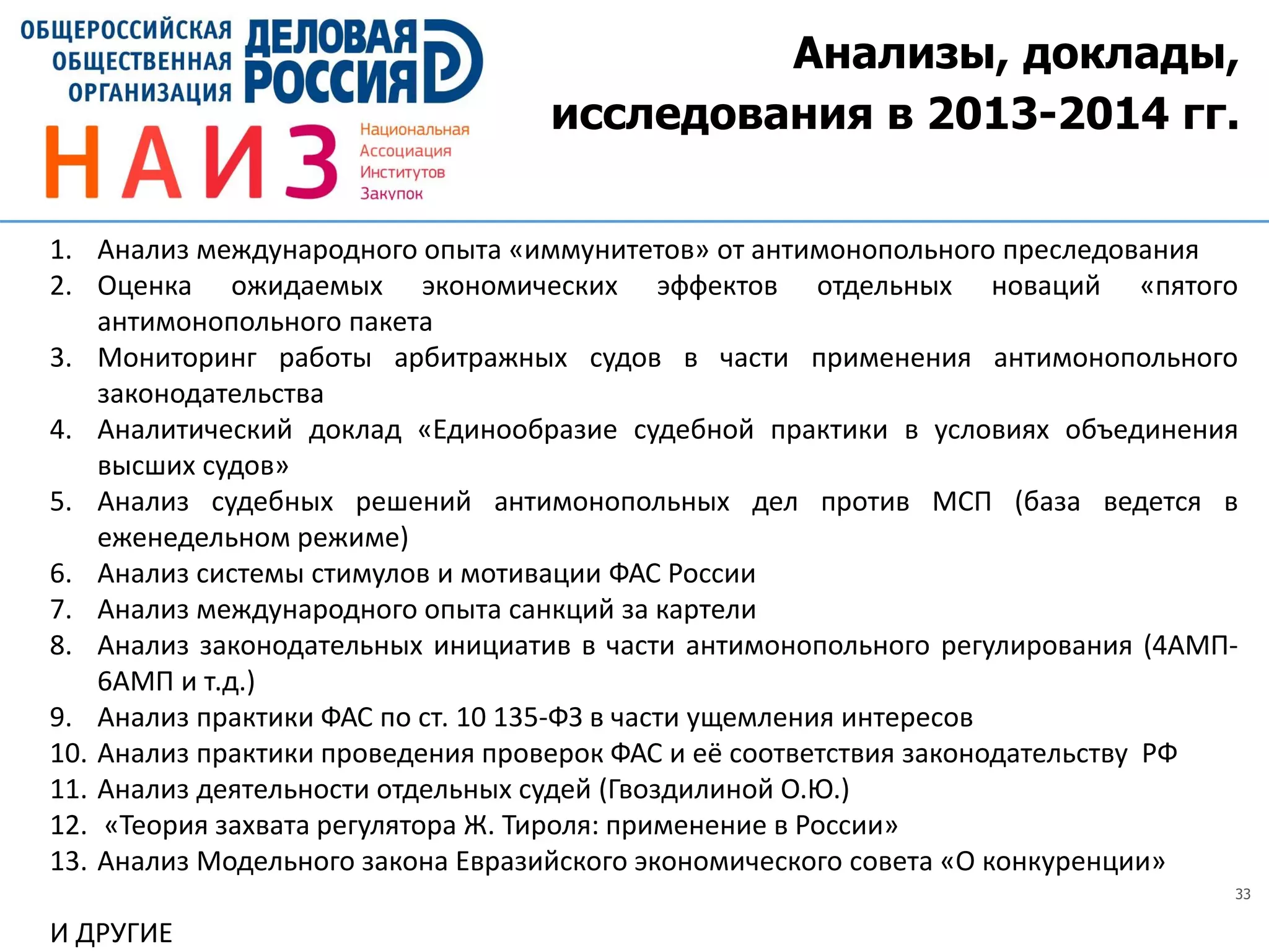 33
1. Анализ международного опыта «иммунитетов» от антимонопольного преследования
2. Оценка ожидаемых экономических эффектов отдельных новаций «пятого
антимонопольного пакета
3. Мониторинг работы арбитражных судов в части применения антимонопольного
законодательства
4. Аналитический доклад «Единообразие судебной практики в условиях объединения
высших судов»
5. Анализ судебных решений антимонопольных дел против МСП (база ведется в
еженедельном режиме)
6. Анализ системы стимулов и мотивации ФАС России
7. Анализ международного опыта санкций за картели
8. Анализ законодательных инициатив в части антимонопольного регулирования (4АМП-
6АМП и т.д.)
9. Анализ практики ФАС по ст. 10 135-ФЗ в части ущемления интересов
10. Анализ практики проведения проверок ФАС и её соответствия законодательству РФ
11. Анализ деятельности отдельных судей (Гвоздилиной О.Ю.)
12. «Теория захвата регулятора Ж. Тироля: применение в России»
13. Анализ Модельного закона Евразийского экономического совета «О конкуренции»
И ДРУГИЕ
Анализы, доклады,
исследования в 2013-2014 гг.
 