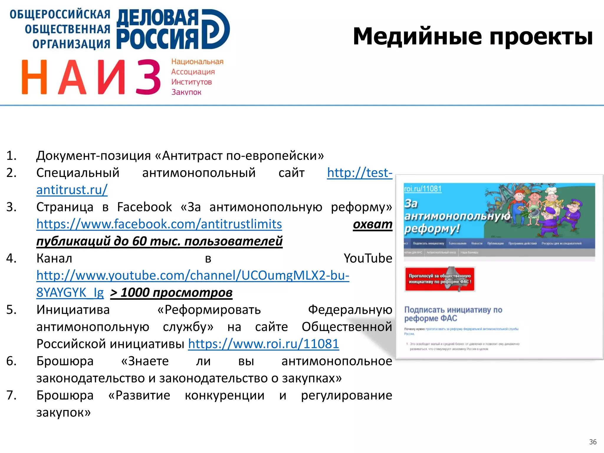 36
Медийные проекты
1. Документ-позиция «Антитраст по-европейски»
2. Специальный антимонопольный сайт http://test-
antitrust.ru/
3. Страница в Facebook «За антимонопольную реформу»
https://www.facebook.com/antitrustlimits охват
публикаций до 60 тыс. пользователей
4. Канал в YouTube
http://www.youtube.com/channel/UCOumgMLX2-bu-
8YAYGYK_Ig > 1000 просмотров
5. Инициатива «Реформировать Федеральную
антимонопольную службу» на сайте Общественной
Российской инициативы https://www.roi.ru/11081
6. Брошюра «Знаете ли вы антимонопольное
законодательство и законодательство о закупках»
7. Брошюра «Развитие конкуренции и регулирование
закупок»
 