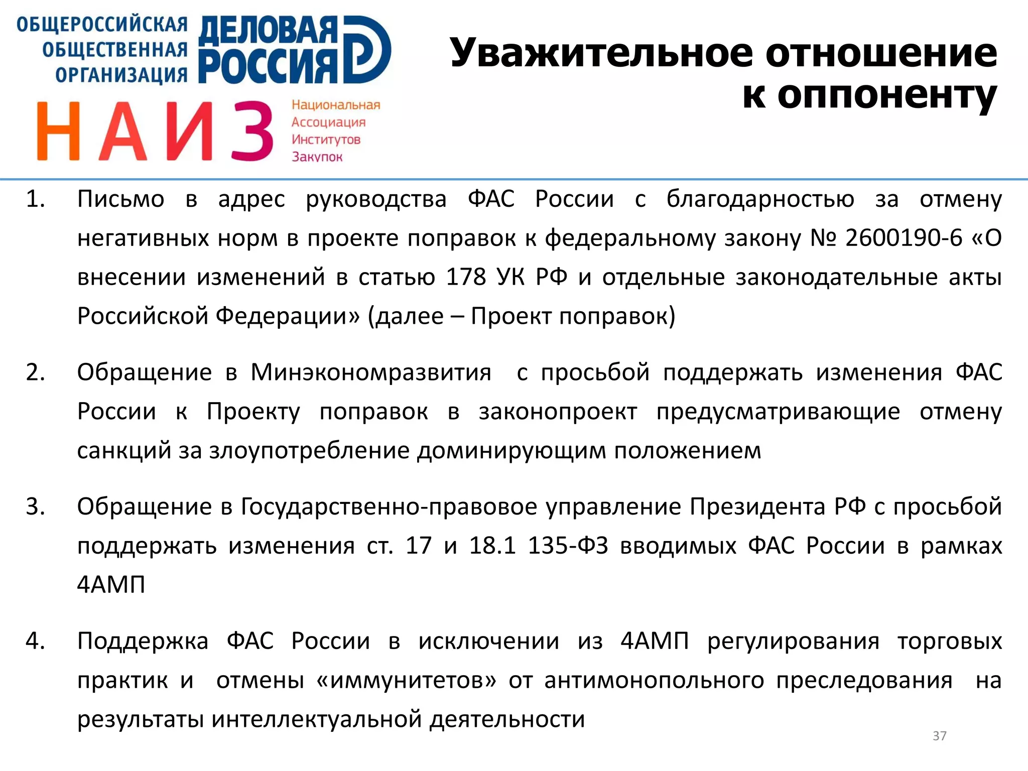 Уважительное отношение
к оппоненту
37
1. Письмо в адрес руководства ФАС России с благодарностью за отмену
негативных норм в проекте поправок к федеральному закону № 2600190-6 «О
внесении изменений в статью 178 УК РФ и отдельные законодательные акты
Российской Федерации» (далее – Проект поправок)
2. Обращение в Минэкономразвития с просьбой поддержать изменения ФАС
России к Проекту поправок в законопроект предусматривающие отмену
санкций за злоупотребление доминирующим положением
3. Обращение в Государственно-правовое управление Президента РФ с просьбой
поддержать изменения ст. 17 и 18.1 135-ФЗ вводимых ФАС России в рамках
4АМП
4. Поддержка ФАС России в исключении из 4АМП регулирования торговых
практик и отмены «иммунитетов» от антимонопольного преследования на
результаты интеллектуальной деятельности
 