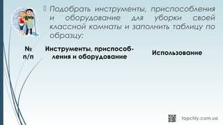  Подобрать инструменты, приспособления
и оборудование для уборки своей
классной комнаты и заполнить таблицу по
образцу:
№
п/п
Инструменты, приспособ-
ления и оборудование
Использование
 