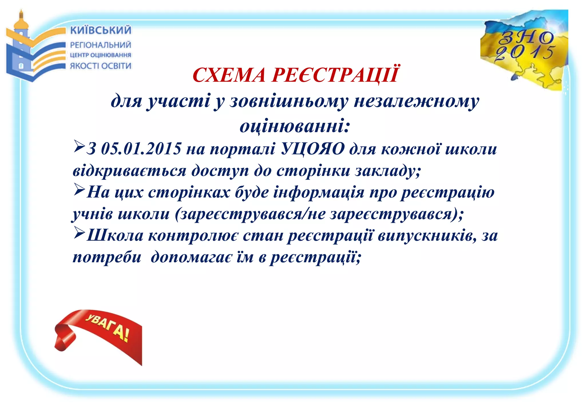 СХЕМА РЕЄСТРАЦІЇ
для участі у зовнішньому незалежному
оцінюванні:
З 05.01.2015 на порталі УЦОЯО для кожної школи
відкривається доступ до сторінки закладу;
На цих сторінках буде інформація про реєстрацію
учнів школи (зареєструвався/не зареєструвався);
Школа контролює стан реєстрації випускників, за
потреби допомагає їм в реєстрації;
 