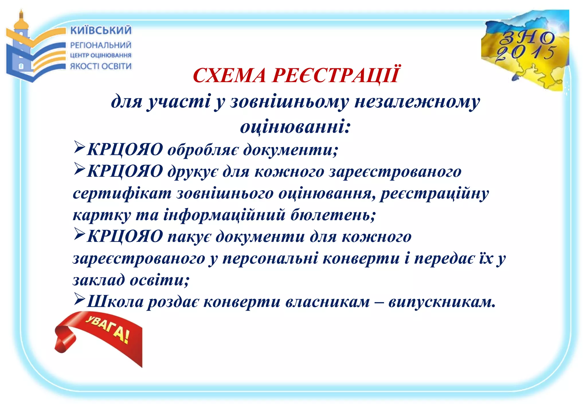 СХЕМА РЕЄСТРАЦІЇ
для участі у зовнішньому незалежному
оцінюванні:
КРЦОЯО обробляє документи;
КРЦОЯО друкує для кожного зареєстрованого
сертифікат зовнішнього оцінювання, реєстраційну
картку та інформаційний бюлетень;
КРЦОЯО пакує документи для кожного
зареєстрованого у персональні конверти і передає їх у
заклад освіти;
Школа роздає конверти власникам – випускникам.
 