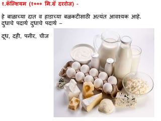 १.कॅ ल्शियि (१००० लि.ग्रॅ दररोज) -
हे बभळभच्यभ दभत व हभिभच्यभ बळकटीसभठी अत्यांत आवश्यक आहे.
दुधभचे पदभथा दुधभचे पदभथा –
दूध, दही, पनीर, चीज
 