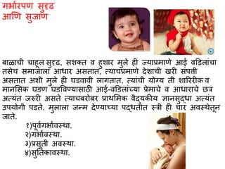 गर्भारपण सुदृढ
आणण सुजभण
बभळभची चभहूल सुदृढ, सशक्त व हुशभर मुले ही ज्यभप्रमभणे आई वडिलभांचभ
तसेच समभजभलभ आधभर असतभत, त्यभचप्रमभणे देशभची खरी सांपत्ती
असतभत अशी मुले ही घिवभवी लभगतभत. त्यभांची योग्य ती शभरररीक व
मभनससक घिण घिववण्यभसभठी आई-वडिलभांच्यभ प्रेमभचे व आधभरभचे छत्र
अत्यांत जरुरी असते त्यभचबरोबर प्रभथसमक वैद्यकीय ज्ञभनसुद्धभ अत्यांत
उपयोगी पिते. मुलभलभ जन्म देण्यभच्यभ पद्धतीत स्त्त्री ही चभर अवस्त्थेतून
जभते.
१)पूवागर्भावस्त्थभ.
२)गर्भावस्त्थभ.
३)प्रसूती अवस्त्थभ.
४)सुततकभवस्त्थभ.
 