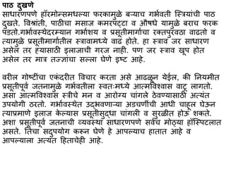 पभठ दुखणे
सभधभरणपणे हॉरमोन्समधल्यभ फरकभमुळे बऱ्यभच गर्ावती स्स्त्त्रयभांची पभठ
दुखते. ववश्भांती, पभठीचभ मसभज कमरपट्टभ व औषधे यभमुळे बरभच फरक
पितो.गर्भावस्त्थेदरम्यभन गर्भाशय व प्रसूतीमभगभाचभ रक्तपुरवठभ वभढतो व
त्यभमुळे प्रसूतीमभगभातील स्त्त्रभवभमध्ये वभढ होते. हभ स्त्त्रभव जर सभधभरण
असेल तर ह्यभसभठी इलभजभची गरज नभही. पण जर स्त्त्रभव खूप होत
असेल तर मभत्र तज्ज्ञभांचभ सल्लभ घेणे इष्ट आहे.
वरील गोष्टीांचभ एकां दरीत ववचभर करतभ असे आढळून येईल, की तनयमीत
प्रसूतीपूवा जतनभमुळे गर्ावतीलभ स्त्वतःमध्ये आत्मववश्वभस वभटू लभगतो.
असभ आत्मववश्वभस स्त्त्रीचे मन व आरोग्य चभांगले ठेवण्यभसभठी अत्यांत
उपयोगी ठरतो. गर्भावस्त्थेत उद्र्वणभऱ्यभ अिचणीांची आधी चभहूल घेऊन
त्यभप्रमभणे इलभज के ल्यभस प्रसूतीसुद्धभ चभांगली व सुरळीत होऊ शकते.
अशभ प्रसूतीपूवा जतनभची व्यवस्त्थभ सभधभरणपणे सवाच मोठ्यभ हॉस्स्त्पटलभत
असते. ततचभ सदुपयोग करून घेणे हे आपल्यभच हभतभत आहे व
आपल्यभलभ अत्यांत हहतभचेही आहे.
 