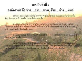 การเดินท่าที่ ๑
องค์ภาวนา คือ ขวา.....ย่าง.....หนอ, ซ้าย.....ย่าง.....หนอ
อธิบาย : พูดค่อยๆ หรือนึกในใจว่า "ขวา" พร้อมกับทากิริยายกเฉพาะส้นเท้าขวาขึ้น
ช้าๆ ประมาณ ๒ นิ้ว จากพื้น ปลายเท้ายังคงแตะพื้น
พูดค่อยๆ กรือนึกในใจว่า "ย่าง" พร้อมกับทากิริยายกปลายเท้าขึ้นช้าๆ พร้อมกับทา
กิริยายกปลายเท้าขึ้นช้าๆ พร้อมกับก้าวเท้าไปข้างหน้า ให้ส้นเท้าขวาเลยนิ้วเท้าซ้ายไปประมาณ
๒ นิ้ว หยุดนิดหนึ่ง จึงกล่าวว่า "หนอ"
พูดค่อยๆ หรือนึกในใจว่า "หนอ" พร้อมกับทากิริยาจรดปลายเท้าขวาลงก่อน ตามด้วย
ส้นเท้าขวาลงแนบพื้น
เมื่อจะก้าวเท้าซ้ายไป ให้ปฏิบัติเช่นเดียวกับเท้าขวา หลังจากเดินไปได้ประมาณ ๓-๔
เมตร จะต้องหยุด แล้วหันหลังกลับเพื่อเดินย้อนกลับทางเก่า โดยปฏิบัติตามวิธีการเดินก้าว
สุดท้ายเมื่อสุดทาง ตลอดเวลามีสติมั่นอยู่กับเท้า ที่เคลื่อนเป็นจังหวะตามปากสั่ง
 