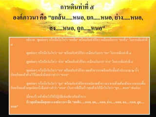 การเดินท่าที่ ๕
องค์ภาวนา คือ "ยกส้น.....หนอ, ยก.....หนอ, ย่าง.....หนอ,
ลง.....หนอ, ถูก.....หนอ"
อธิบาย : พูดค่อยๆ หรือนึกในใจว่า "ยกส้น" พร้อมกับทากิริยา เหมือนกับการ "ยกส้น" ในการเดินท่าที่
๔
พูดค่อยๆ หรือนึกในใจว่า "ยก" พร้อมกับทากิริยา เหมือนกับการ "ยก" ในการเดินท่าที่ ๔
พูดค่อยๆ หรือนึกในใจว่า "ย่าง" พร้อมกับทากิริยา เหมือนกับการ "ย่าง" ในการเดินท่าที่ ๔
พูดค่อยๆ หรือนึกในใจว่า "ลง" พร้อมกับทากิริยา ลดเท้าขวาลงพร้อมกันทั้งเท้าประมาณ ๒ นิ้ว
เรียบร้อยแล้วค้างไว้นิดหนึ่งจึงกล่าวคาว่า "หนอ"
พูดค่อยๆ หรือนึกในใจว่า "ถูก" พร้อมกับทากิริยาจรดปลายเท้าขวาลง ตามด้วยส้นเท้าลงวางแนบพื้น
เรียบร้อยแล้วหยุดนิดหนึ่งจึงกล่าวคาว่า "หนอ" (ในการที่เป็นก้าวสุดท้ายให้นึกในใจว่า "ถูก.....หนอ" เช่นกัน)
เมื่อจะก้าวเท้าซ้ายไปให้ปฏิบัติเช่นเดียวกับเท้าขวา
ก้าวสุดท้ายเมื่อสุดทาง องค์ภาวนา คือ "ยกส้น.....หนอ, ยก.....หนอ, ย่าง.....หนอ, ลง.....หนอ, ถูก.....
หนอ"
 