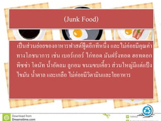 (Junk Food)
เป็นส่วนย่อยของอาหารฟาสต์ฟู้ดอีกทีหนึ่ง และไม่ค่อยมีคุณค่า
ทางโภชนาการ เช่น เบอร์เกอร์ ไก่ทอด มัȨรั่งทอด ฮอทดอก
พิซซ่า โดนัท น้าอัดลม ลูกอม ขนมขบเคี้ยว ส่วนใหญ่มีแต่แป้ ง
ไขมัน น้าตาล และเกลือ ไม่ค่อยมีวิตามินและใยอาหาร
 