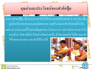 คุณค่าและประโยชน์ของฟาส์ตฟู้ด
อาหารฟาสต์ฟู้ ด นั้นสามารถหากินได้ง่าย แถมยังมีรสชาติ หวาน มัน เค็ม
ถูกปากใครหลายๆคนแถมยังสะดวก รวดเร็ว เหมาะสาหรับคนที่เร่งรีบ
แต่อาหารประเภทนี้ไม่ค่อยมีคุณค่าทางโภชนาการ เพราะมีสารอาหารไม่
ครบถ้วน ไม่ขาดก็เกินไปอย่างใดอย่างหนึ่ง ถ้ากินบ่อยเกินไปก็อาจจะทา
ให้ขาดสารอาหาร และทาให้อ้วนได้
 
