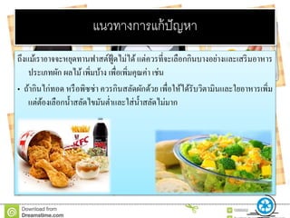 แนวทำงกำรแก้ปัญหำ
ถึงแม้เราอาจจะหยุดทานฟาสต์ฟู้ดไม่ได้แต่ควรที่จะเลือกกินบางอย่างและเสริมอาหาร
ประเภทผัก ผลไม้เพิ่มบ้าง เพื่อเพิ่มคุณค่า เช่น
• ถ้ากินไก่ทอด หรือพิซซ่า ควรกินสลัดผักด้วย เพื่อให้ได้รับวิตามินและใยอาหารเพิ่ม
แต่ต้องเลือกน้าสลัดไขมันต่าและใส่น้าสลัดไม่มาก
 