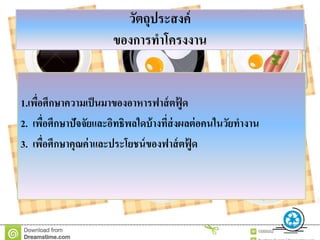 วัตถุประสงค์
ของกำรทำโครงงำน
1.เพื่อศึกษำควำมเป็นมำของอำหำรฟำส์ตฟู้ ด
2. เพื่อศึกษำปัจจัยและอิทธิพลใดบ้ำงที่ส่งผลต่อคนในวัยทำงำน
3. เพื่อศึกษำคุณค่ำและประโยชน์ของฟำส์ตฟู้ ด
 