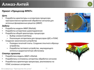 для конференции "Партнерство для успеха"
Алмаз-Антей
11
Проект «Процессор ФРКТ»
Цель
• Разработка архитектуры и алгоритмов процессора
пространственно-временной обработки сигналов для
антенных фазированных решеток (АФАР)
Задачи
• Разработка модели АФАР (Matlab)
• Разработка алгоритмов шумоподавления
• Разработка общей архитектуры процессора
– Выбор элементной базы
– Реализация алгоритмов для процессоров ЦОС и ПЛИС
• Создание законченного устройства
– Разводка печатной платы. Создание опытного образца
устройства.
– Разработка тестового устройства, эмулирующего
антенну и радиочастотную обстановку
Статус проекта
• Разработана модель АФАР в Matlab
• Разработаны и отлажены алгоритмы обработки сигналов
• Разработана архитектура процессора, реализованы на
ПЛИС основные алгоритмы
3
 