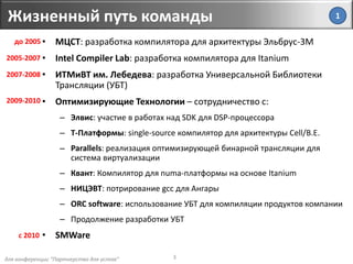 для конференции "Партнерство для успеха"
Жизненный путь команды
3
• МЦСТ: разработка компилятора для архитектуры Эльбрус-3М
• Intel Compiler Lab: разработка компилятора для Itanium
• ИТМиВТ им. Лебедева: разработка Универсальной Библиотеки
Трансляции (УБТ)
• Оптимизирующие Технологии – сотрудничество с:
– Элвис: участие в работах над SDK для DSP-процессора
– Т-Платформы: single-source компилятор для архитектуры Cell/B.E.
– Parallels: реализация оптимизирующей бинарной трансляции для
система виртуализации
– Квант: Компилятор для numa-платформы на основе Itanium
– НИЦЭВТ: потрирование gcc для Ангары
– ORC software: использование УБТ для компиляции продуктов компании
– Продолжение разработки УБТ
• SMWare
до 2005
2005-2007
2007-2008
2009-2010
с 2010
1
 