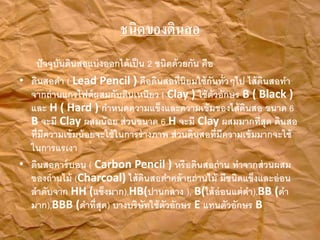 ????????????
??????????????????????????? 2 ??????????? ???
? ??????? ( Lead Pencil ) ???????????????????????????? ??????????
????????????????????????????? ( Clay ) ??????????? B ( Black )
??? H ( Hard ) ??????????????????????????????????? ???? 6
B ???? Clay ??????? ???????? 6 H ???? Clay ???????????? ?????
?????????????????????????????????? ??????????????????????????????
??????????
? ???????????? ( Carbon Pencil ) ????????????? ????????????
?????????? (Charcoal) ?????????????????????? ?????????????????
???????? HH (???????),HB(??????? ), B(????????????),BB (??
???),BBB (????????) ???????????????????? E ??????????? B
 