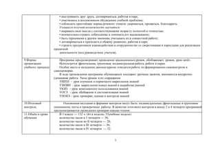 7
• выслушивать друг друга, договариваться, работая в паре;
• участвовать в коллективном обсуждении учебной проблемы;
• соблюдать простейшие нормы речевого этикета: здороваться, прощаться, благодарить.
Учащиеся получат возможность научиться:
• выражать свои мысли с соответствующими возрасту полнотой и точностью;
• внимательно слушать собеседника и понимать его высказывание;
• быть терпимыми к другим мнениям, учитывать их в совместной работе;
• договариваться и приходить к общему решению, работая в паре;
• строить продуктивное взаимодействие и сотрудничество со сверстниками и взрослыми для реализации
проектной
деятельности (под руководством учителя).
9.Формы
организации
учебного процесса
Программа предусматривает проведение традиционныхуроков, обобщающих уроков, урок-зачёт.
Используется фронтальная, групповая, индивидуальная работа, работа в парах.
Особое место в овладении данным курсом отводится работе по формированию самоконтроля и
самопроверки.
В ходе прохождения программы обучающиеся посещают урочные занятия, занимаются внеурочно
(домашняя работа. Типы уроков и их сокращения:
УИПЗЗ – урок изучения и первичного закрепления знаний
УЗНЗВУ - урок закрепления новыхзнаний и выработка умений
УКИЗ - урок комплексного использования знаний
УОСЗ - урок обобщения и систематизации знаний
УПОКЗ – урок проверки, оценки и контроля знаний
10.Итоговый
контроль
Основными методами и формами контроля могут быть: индивидуальные, фронтальные и групповые
оценивания, тесты и проверочные работы. В качестве итогового контроля в конце 2 и 4 четверти программой
предусматривается проведение проверки навыка чтения.
11.Объём и сроки
обучения
В 1 классе — 132 ч. (4ч в неделю, 33учебные недели)
количество часов в 1 четверти — 36;
количество часов во II четверти — 28;
количество часов в III четверти — 36;
количество часов в IV четверти — 32.
 