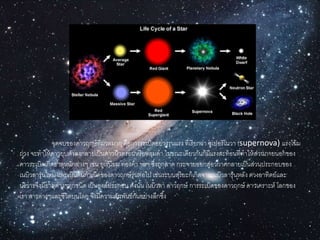 จุดจบของดำวฤกษ์ที่มวลมำก คือกำรระเบิดอย่ำงรุนแรง ที่เรียกว่ำ ซูเปอร์โนวำ (supernova) แรงโน้ม
ถ่วง จะทำให้ดำวยุบตัวลงกลำยเป็นดำวนิวตรอนหรือหลุมดำ ในขณะเดียวกันก็มีแรงสะท้อนที่ทำให้ส่วนภำยนอกของ
ดำวระเบิดเกิดธำตุหนักต่ำงๆ เช่น ยูเรนียม ทองคำ ฯลฯ ซึ่งถูกสำด กระจำยออกสู่อวกำศกลำยเป็นส่วนประกอบของ
เนบิวลำรุ่นใหม่ และเป็นต้นกำเนิดของดำวฤกษ์รุ่นต่อไป เช่นระบบสุริยะก็เกิดจำกเนบิวลำรุ่นหลัง ดวงอำทิตย์และ
บริวำรจึงมีธำตุต่ำงๆทุกชนิด เป็นองค์ประกอบ ดังนั้น เนบิวลำ ดำวฤกษ์ กำรระเบิดของดำวฤกษ์ ดำวเครำะห์ โลกของ
เรำ สำรต่ำงๆและชีวิตบนโลก จึงมีควำมสัมพันธ์กันอย่ำงลึกซึ้ง
 