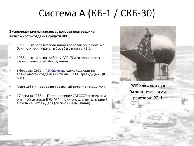 Система А (КБ-1 / СКБ-30)
Экспериментальная система , которая подтвердила
возможность создания средств ПРО.
• 1953 г. – на...