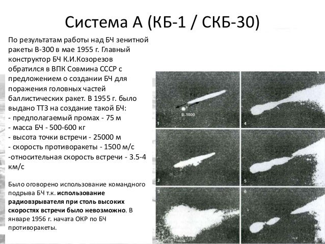 Система А (КБ-1 / СКБ-30)
По результатам работы над БЧ зенитной
ракеты В-300 в мае 1955 г. Главный
конструктор БЧ К.И.Козо...