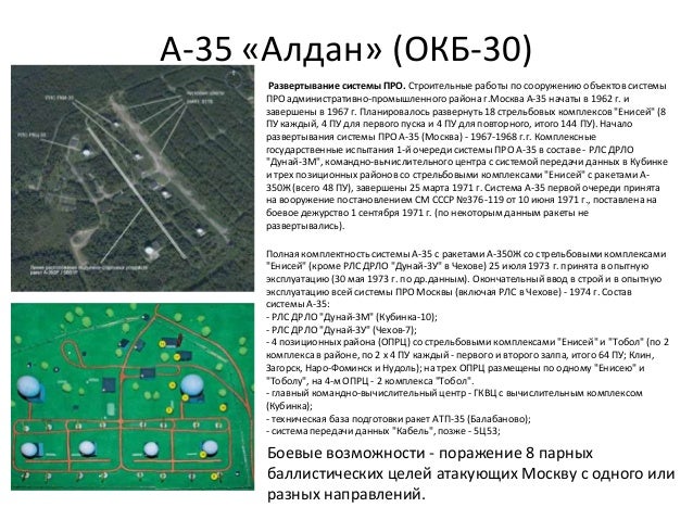 А-35 «Алдан» (ОКБ-30)
Развертывание системы ПРО. Строительные работы по сооружению объектов системы
ПРО административно-пр...