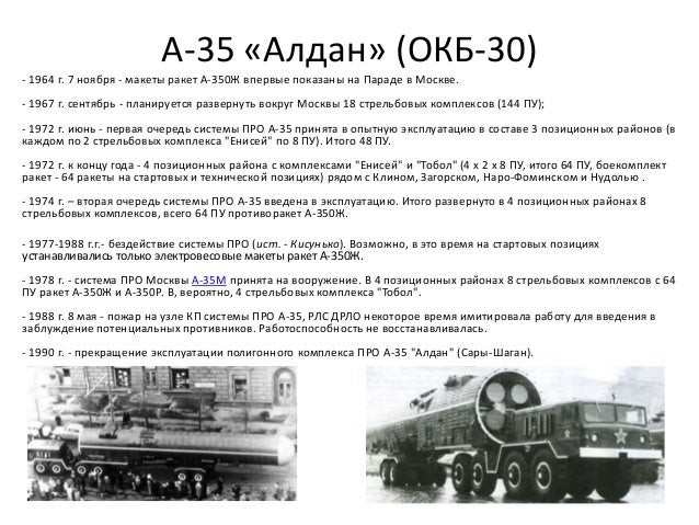 А-35 «Алдан» (ОКБ-30)
- 1964 г. 7 ноября - макеты ракет А-350Ж впервые показаны на Параде в Москве.
- 1967 г. сентябрь - п...