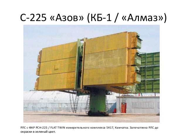С-225 «Азов» (КБ-1 / «Алмаз»)
РЛС с ФАР РСН-225 / FLAT TWIN измерительного комплекса 5К17, Камчатка. Запечатлена РЛС до
ок...