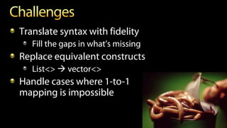 Translate syntax with fidelity
Fill the gaps in what’s missing
Replace equivalent constructs
List<>  vector<>
Handle cases where 1-to-1
mapping is impossible
 