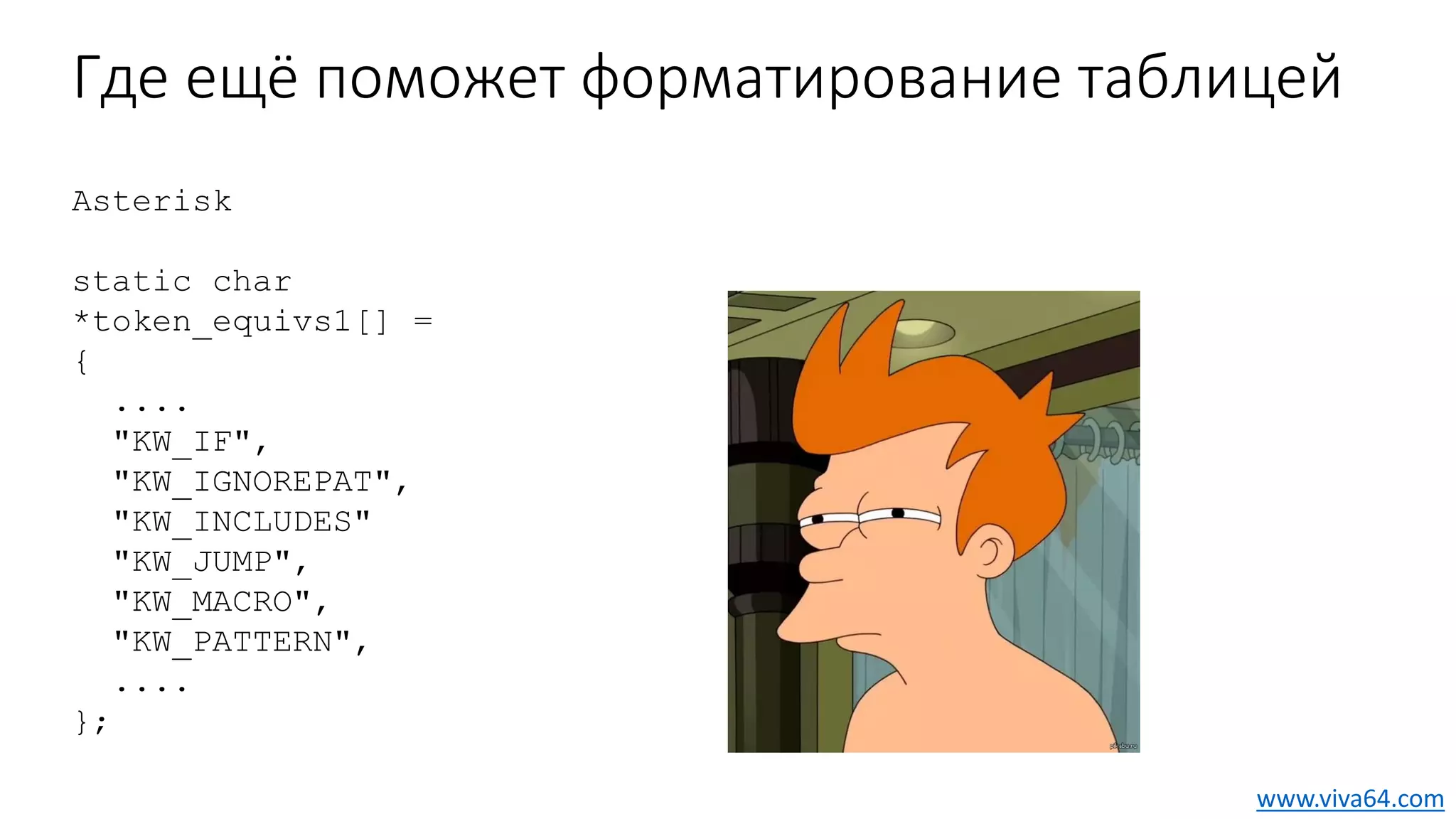 Где ещё поможет форматирование таблицей
Asterisk
static char
*token_equivs1[] =
{
....
"KW_IF",
"KW_IGNOREPAT",
"KW_INCLUDES"
"KW_JUMP",
"KW_MACRO",
"KW_PATTERN",
....
};
www.viva64.com
 