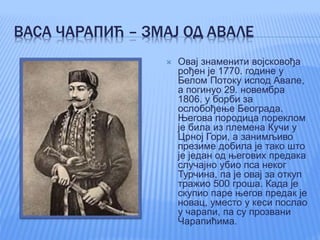 ВАСА ЧАРАПИЋ – ЗМАЈ ОД АВАЛЕ
 Овај знаменити војсковођа
рођен је 1770. године у
Белом Потоку испод Авале,
а погинуо 29. новембра
1806. у борби за
ослобођење Београда.
Његова породица пореклом
је била из племена Кучи у
Црној Гори, а занимљиво
презиме добила је тако што
је један од његових предака
случајно убио пса неког
Турчина, па је овај за откуп
тражио 500 гроша. Када је
скупио паре његов предак је
новац, уместо у кеси послао
у чарапи, па су прозвани
Чарапићима.
 
