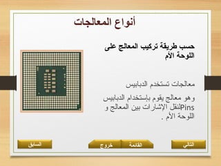 34‫القائمة‬‫السابق‬ ‫خروج‬ ‫التالي‬
‫على‬ ‫المعالج‬ ‫تركيب‬ ‫طريقة‬ ‫حسب‬
‫الم‬ ‫اللوحة‬
‫الدبابيس‬ ‫تستخدم‬ ‫معالجات‬
‫الدبابيس‬ ‫بإستخدام‬ ‫يقوم‬ ‫معالج‬ ‫وهو‬
Pins‫و‬ ‫المعالج‬ ‫بين‬ ‫الاشارات‬ ‫لنقل‬
. ‫الم‬ ‫اللوحة‬
 