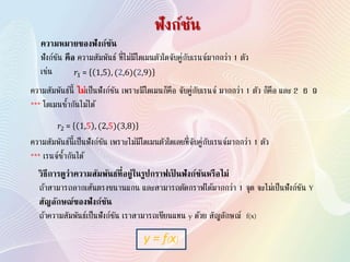 ฟังก์ชัน
ความหมายของฟังก์ชัน
ฟังก์ชัน คือ ความสัมพันธ์ ที่ไม่มีโดเมนตัวใดจับคู่กับเรนจ์มากกว่า 1 ตัว
เช่น
ความสัมพันธ์นี้ ไม่เป็นฟังก์ชัน เพราะมีโดเมนก็คือ จับคู่กับเรนจ์ มากกว่า 1 ตัว ก็คือ และ 2 6 9
*** โดเมนซ้ากันไม่ได้
ความสัมพันธ์นี้เป็นฟังก์ชัน เพราะไม่มีโดเมนตัวใดเลยที่จับคู่กับเรนจ์มากกว่า 1 ตัว
*** เรนจ์ซ้ากันได้
วิธีการดูว่าความสัมพันธ์ที่อยู่ในรูปกราฟเป็ นฟังก์ชันหรือไม่
ถ้าสามารถลากเส้นตรงขนานแกน และสามารถตัดกราฟได้มากกว่า 1 จุด จะไม่เป็นฟังก์ชัน Y
สัญลักษณ์ของฟังก์ชัน
ถ้าความสัมพันธ์เป็นฟังก์ชัน เราสามารถเขียนแทน y ด้วย สัญลักษณ์ f(x)
𝑟1 = 1,5 , (2,6)(2,9)
𝑟2 = 1,5 , (2,5)(3,8)
y = f(x)
 