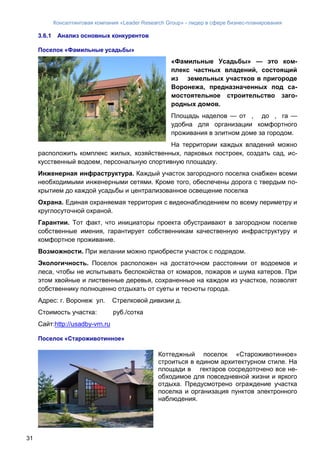 Консалтинговая компания «Leader Research Group» - лидер в сфере бизнес-планирования
31
3.6.1 Анализ основных конкурентов
Поселок «Фамильные усадьбы»
«Фамильные Усадьбы» — это ком-
плекс частных владений, состоящий
из земельных участков в пригороде
Воронежа, предназначенных под са-
мостоятельное строительство заго-
родных домов.
Площадь наделов — от , до , га —
удобна для организации комфортного
проживания в элитном доме за городом.
На территории каждых владений можно
расположить комплекс жилых, хозяйственных, парковых построек, создать сад, ис-
кусственный водоем, персональную спортивную площадку.
Инженерная инфраструктура. Каждый участок загородного поселка снабжен всеми
необходимыми инженерными сетями. Кроме того, обеспечены дорога с твердым по-
крытием до каждой усадьбы и централизованное освещение поселка
Охрана. Единая охраняемая территория с видеонаблюдением по всему периметру и
круглосуточной охраной.
Гарантии. Тот факт, что инициаторы проекта обустраивают в загородном поселке
собственные имения, гарантирует собственникам качественную инфраструктуру и
комфортное проживание.
Возможности. При желании можно приобрести участок с подрядом.
Экологичность. Поселок расположен на достаточном расстоянии от водоемов и
леса, чтобы не испытывать беспокойства от комаров, пожаров и шума катеров. При
этом хвойные и лиственные деревья, сохраненные на каждом из участков, позволят
собственнику полноценно отдыхать от суеты и тесноты города.
Адрес: г. Воронеж ул. Стрелковой дивизии д.
Стоимость участка: руб./сотка
Сайт:http://usadby-vrn.ru
Поселок «Староживотинное»
Коттеджный поселок «Староживотинное»
строиться в едином архитектурном стиле. На
площади в гектаров сосредоточено все не-
обходимое для повседневной жизни и яркого
отдыха. Предусмотрено ограждение участка
поселка и организация пунктов электронного
наблюдения.
 