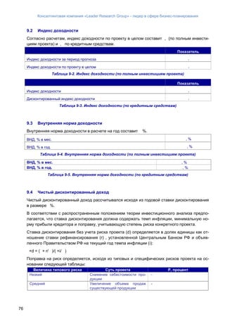 Консалтинговая компания «Leader Research Group» - лидер в сфере бизнес-планирования
76
9.2 Индекс доходности
Согласно расчетам, индекс доходности по проекту в целом составит , (по полным инвести-
циям проекта) и , по кредитным средствам.
Показатель
Индекс доходности за период прогноза ,
Индекс доходности по проекту в целом ,
Таблица 9-2. Индекс доходности (по полным инвестициям проекта)
Показатель
Индекс доходности ,
Дисконтированный индекс доходности ,
Таблица 9-3. Индекс доходности (по кредитным средствам)
9.3 Внутренняя норма доходности
Внутренняя норма доходности в расчете на год составит %.
ВНД, % в мес. , %
ВНД, % в год. , %
Таблица 9-4. Внутренняя норма доходности (по полным инвестициям проекта)
ВНД, % в мес. , %
ВНД, % в год. , %
Таблица 9-5. Внутренняя норма доходности (по кредитным средствам)
9.4 Чистый дисконтированный доход
Чистый дисконтированный доход рассчитывался исходя из годовой ставки дисконтирования
в размере %.
В соответствии с распространенным положением теории инвестиционного анализа предпо-
лагается, что ставка дисконтирования должна содержать темп инфляции, минимальную но-
рму прибыли кредитора и поправку, учитывающую степень риска конкретного проекта.
Ставка дисконтирования без учета риска проекта (d) определяется в долях единицы как от-
ношение ставки рефинансирования (r) , установленной Центральным Банком РФ и объяв-
ленного Правительством РФ на текущий год темпа инфляции (i):
+d = ( + r/ )/( +i/ )
Поправка на риск определяется, исходя из типовых и специфических рисков проекта на ос-
новании следующей таблицы:
Величина типового риска Суть проекта Р, процент
Низкий Снижение себестоимости про-
дукции
-
Средний Увеличение объема продаж
существующей продукции
-
 