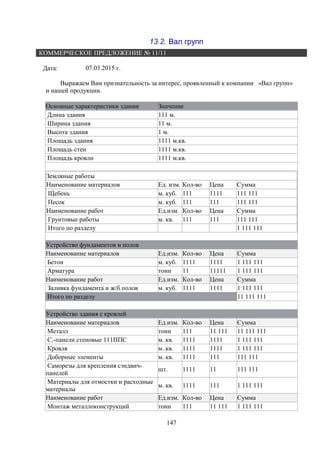 147
13.2. Вал групп
КОММЕРЧЕСКОЕ ПРЕДЛОЖЕНИЕ № 11/11
Дата: 07.03.2015 г.
Выражаем Вам признательность за интерес, проявленный к компании «Вал групп»
и нашей продукции.
Основные характеристики здания Значение
Длина здания 111 м.
Ширина здания 11 м.
Высота здания 1 м.
Площадь здания 1111 м.кв.
Площадь стен 1111 м.кв.
Площадь кровли 1111 м.кв.
Земляные работы
Наименование материалов Ед. изм. Кол-во Цена Сумма
Щебень м. куб. 111 1111 111 111
Песок м. куб. 111 111 111 111
Наименование работ Ед.изм. Кол-во Цена Сумма
Грунтовые работы м. кв. 111 111 111 111
Итого по разделу 1 111 111
Устройство фундаментов и полов
Наименование материалов Ед.изм. Кол-во Цена Сумма
Бетон м. куб. 1111 1111 1 111 111
Арматура тонн 11 11111 1 111 111
Наименование работ Ед.изм. Кол-во Цена Сумма
Заливка фундамента и ж/б полов м. куб. 1111 1111 1 111 111
Итого по разделу 11 111 111
Устройство здания с кровлей
Наименование материалов Ед.изм. Кол-во Цена Сумма
Металл тонн 111 11 111 11 111 111
C.-панели стеновые 111ППС м. кв. 1111 1111 1 111 111
Кровля м. кв. 1111 1111 1 111 111
Доборные элементы м. кв. 1111 111 111 111
Саморезы для крепления сэндвич-
панелей
шт. 1111 11 111 111
Материалы для отмостки и расходные
материалы
м. кв. 1111 111 1 111 111
Наименование работ Ед.изм. Кол-во Цена Сумма
Монтаж металлоконструкций тонн 111 11 111 1 111 111
 