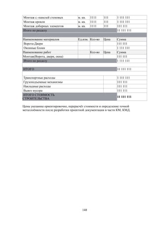 148
Монтаж с.-панелей стеновых м. кв. 1111 111 1 111 111
Монтаж кровли м. кв. 1111 111 1 111 111
Монтаж доборных элементов м. кв. 1111 111 111 111
Итого по разделу 11 111 111
Наименование материалов Ед.изм. Кол-во Цена Сумма
Ворота-Двери 111 111
Оконные блоки 1 111 111
Наименование работ Кол-во Цена Сумма
Монтаж(Ворота, двери, окна) 111 111
Итого по разделу 1 111 111
ИТОГО 11 111 111
Транспортные расходы 1 111 111
Грузоподъемные механизмы 111 111
Накладные расходы 111 111
Вывоз мусора 111 111
ИТОГО СТОИМОСТЬ
СТРОИТЕЛЬСТВА
11 111 111
Цены указанны ориентировочно, перерасчёт стоимости и определение точной
металлоёмкости после разработки проектной документации в части КМ, КМД.
 