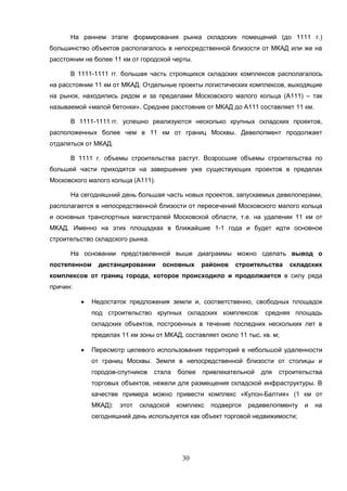 30
На раннем этапе формирования рынка складских помещений (до 1111 г.)
большинство объектов располагалось в непосредственной близости от МКАД или же на
расстоянии не более 11 км от городской черты.
В 1111-1111 гг. большая часть строящихся складских комплексов располагалось
на расстоянии 11 км от МКАД. Отдельные проекты логистических комплексов, выходящие
на рынок, находились рядом и за пределами Московского малого кольца (A111) – так
называемой «малой бетонки». Среднее расстояние от МКАД до А111 составляет 11 км.
В 1111-1111 гг. успешно реализуются несколько крупных складских проектов,
расположенных более чем в 11 км от границ Москвы. Девелопмент продолжает
отдаляться от МКАД.
В 1111 г. объемы строительства растут. Возросшие объемы строительства по
большей части приходятся на завершение уже существующих проектов в пределах
Московского малого кольца (А111).
На сегодняшний день большая часть новых проектов, запускаемых девелоперами,
располагается в непосредственной близости от пересечений Московского малого кольца
и основных транспортных магистралей Московской области, т.е. на удалении 11 км от
МКАД. Именно на этих площадках в ближайшие 1-1 года и будет идти основное
строительство складского рынка.
На основании представленной выше диаграммы можно сделать вывод о
постепенном дистанцировании основных районов строительства складских
комплексов от границ города, которое происходило и продолжается в силу ряда
причин:
 Недостаток предложения земли и, соответственно, свободных площадок
под строительство крупных складских комплексов: средняя площадь
складских объектов, построенных в течение последних нескольких лет в
пределах 11 км зоны от МКАД, составляет около 11 тыс. кв. м;
 Пересмотр целевого использования территорий в небольшой удаленности
от границ Москвы. Земля в непосредственной близости от столицы и
городов-спутников стала более привлекательной для строительства
торговых объектов, нежели для размещения складской инфраструктуры. В
качестве примера можно привести комплекс «Кулон-Балтия» (1 км от
МКАД): этот складской комплекс подвергся редевелопменту и на
сегодняшний день используется как объект торговой недвижимости;
 