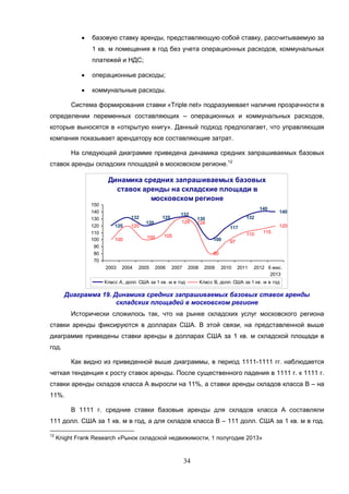 34
 базовую ставку аренды, представляющую собой ставку, рассчитываемую за
1 кв. м помещения в год без учета операционных расходов, коммунальных
платежей и НДС;
 операционные расходы;
 коммунальные расходы.
Система формирования ставки «Triple net» подразумевает наличие прозрачности в
определении переменных составляющих – операционных и коммунальных расходов,
которые выносятся в «открытую книгу». Данный подход предполагает, что управляющая
компания показывает арендатору все составляющие затрат.
На следующей диаграмме приведена динамика средних запрашиваемых базовых
ставок аренды складских площадей в московском регионе.12
Динамика средних запрашиваемых базовых
ставок аренды на складские площади в
московском регионе
120
132 130
100
117
132
140
100
120
105
124
80
97
120
120
125
132
140
100
129
110 115
70
80
90
100
110
120
130
140
150
2003 2004 2005 2006 2007 2008 2009 2010 2011 2012 6 мес.
2013
Класс А, долл. США за 1 кв. м в год Класс В, долл. США за 1 кв. м в год
Диаграмма 19. Динамика средних запрашиваемых базовых ставок аренды
складских площадей в московском регионе
Исторически сложилось так, что на рынке складских услуг московского региона
ставки аренды фиксируются в долларах США. В этой связи, на представленной выше
диаграмме приведены ставки аренды в долларах США за 1 кв. м складской площади в
год.
Как видно из приведенной выше диаграммы, в период 1111-1111 гг. наблюдается
четкая тенденция к росту ставок аренды. После существенного падения в 1111 г. к 1111 г.
ставки аренды складов класса А выросли на 11%, а ставки аренды складов класса В – на
11%.
В 1111 г. средние ставки базовые аренды для складов класса А составляли
111 долл. США за 1 кв. м в год, а для складов класса В – 111 долл. США за 1 кв. м в год.
12
Knight Frank Research «Рынок складской недвижимости, 1 полугодие 2013»
 