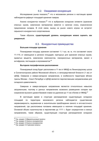 63
6.2. Ожидаемая конкуренция
Исследование рынка показало,24
что в московском регионе в настоящее время
наблюдается дефицит площадей хранения товаров.
Анализ конкурентов показал,25
что в выбранном складском сегменте (хранение
опасных грузов, химических материалов) имеется в наличии очень ограниченное
предложение складов. В этой связи, выход на рынок нового игрока не встретит
серьезного конкурентного сопротивления.
Таким образом, существующий уровень конкуренции можно оценить как
умеренный.
6.3. Конкурентные преимущества
Большие площади хранения
Планируемая площадь хранения составляет 1,1 тыс. кв. м, что составляет около
11-11% от имеющихся в регионе площадей, пригодных для хранения опасных грузов,
ядовитых веществ, химических компонентов, лакокрасочных материалов, масел и
антифризов, пестицидов и агрохимикатов.26
Выгодное географическое расположение
Планируемый склад будет расположен в 11 км от МКАД по Ленинградскому шоссе
в Солнечногорском районе Московской области, в непосредственной близости (1 км) от
ЦКАД. Северное и северо-западное направление, в особенности территории вблизи
трассы Москва – Санкт-Петербург и ЦКАД являются перспективными направлениями для
складского девелопмента.
Северное и северо-западное направление являются относительно невысоко
загруженными, поэтому в данных направлениях возможно размещение складов при
сохранении высокого уровня базовой ставки на удалении до 11 км и более от МКАД.27
В настоящее время в структуре распределения существующих складских
площадей по территории московского региона наблюдается существенная
неравномерность, выраженная в значительном преобладании южного и юго-восточного
направлений, где расположена половина имеющихся в наличии площадей хранения.
Основной объем строительства в перспективе до 1111 г. будет сосредоточен в южных
направлениях, таким образом, существующая структура распределения складских
24
См. раздел 3 Маркетинговый анализ
25
См. раздел 4 Анализ конкурентов
26
См. раздел 4 Анализ конкурентов
27
См. раздел 3.4 Ценовой анализ
 