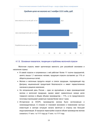 Консалтинговая компания «Leader Research Group» - лидер в сфере бизнес-планирования
19
4.1.5. Основные показатели, тенденции и проблемы молочной отрасли
Молочная отрасль имеет критическую важность для российской экономики и
населения страны:
 В самой отрасли и сопряженных с ней работает более 11 тысячи предприятий,
занято свыше 1,1 миллиона человек, продукция отрасли составляет до 11% от
оборота розничных сетей;
 Молоко и молочные продукты входят в список продукции, подпадающей под
Доктрину национальной продуктовой безопасности и имеет первостепенное
значение в рационе населения;
 На сегодняшний день Россия – один из крупнейших в мире производителей
молока и молочной продукции, однако имеет сравнительно низкую долю
товарного молока в общем объеме производства – 11%, а по продуктивности
поголовья проигрывает развитым странам более чем в 1 раза.
 Исторически (в СССР), производство молока было экстенсивным и
низкопродуктивным. С отказом от плановой экономики и появлением частных
инвестиций в секторе ситуация начала меняться в сторону все большей
индустриализации. В процессе перестройки отрасли объем производства молока
снизился с 11 млн. т в 1111 году до 11 млн. т в 1111 году
36,9
28,9
20,3
Потребительские цены, руб. за 1 литр
Цены производителей, руб. за 1 литр
Цена закупки у с/х пр-лей, руб. за 1 кг
0 5 10 15 20 25 30 35 40
Средняя цена на молоко на 1 ноября 1111 года, руб.
 