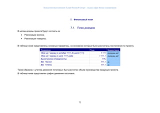 Консалтинговая компания «Leader Research Group» - лидер в сфере бизнес-планирования
73
7. Финансовый план
7.1. План доходов
В целом доходы проекта будут состоять из:
 Реализации молока;
 Реализации говядины.
В таблице ниже представлены основные параметры, на основании которых были рассчитаны поступления по проекту.
Показатели Тонн Комментарии
Удой на 1 корову (с октября 1111 до июля 1111) 1 111 литров в год
Удой на 1 корову (с июля 1111 года) 1 111,1 литров в год
Выход молока (товарность) 11%
Вес 1 бычка 111,1 кг
Вес 1 телки 111,1 кг
Таким образом, с учетом движения поголовья, был рассчитан объем производства продукции проекта.
В таблице ниже представлен график движения поголовья.
 