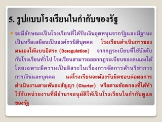 5. รูปแบบโรงเรียนในกากับของรัฐ
 จะมีลักษณะเป็ นโรงเรียนที่ได้รับเงินอุดหนุนจำกรัฐและมีฐำนะ
เป็ นหรือเสมือนเป็ นองค์กรนิติบุคคล โรงเรียนดำเนินกำรของ
ตนเองได้แบบอิสระ (Deregulation) จำกกฎระเบียบที่ใช้บังคับ
กับโรงเรียนทั่วไป โรงเรียนสำมำรถออกกฎระเบียบของตนเองได้
โดยเฉพำะมีควำมเป็ นอิสระในเรื่องกำรจัดกำรด้ำนวิชำกำร
กำรเงินและบุคคล แต่โรงเรียนจะต้องรับผิดชอบต่อผลกำร
ดำเนินงำนตำมพันธะสัญญำ (Charter) หรือตำมข้อตกลงที่ได้ทำ
ไว้กับหน่วยงำนที่มีอำนำจอนุมัติให้เป็ นโรงเรียนในกำกับดูแล
ของรัฐ
 