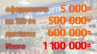 оформление
на 100 тч
доставка
Итого
600 000=
1 100 000=
500 000=
5 000=
29
 