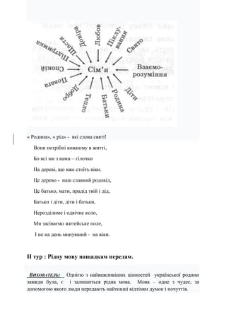« Родина», « рід» - які слова святі!
Вони потрібні кожному в житті,
Бо всі ми з вами – гілочки
На дереві, що вже стоїть віки.
Це дерево - наш славний родовід,
Це батько, мати, прадід твій і дід,
Батьки і діти, діти і батьки,
Нерозділиме і одвічне коло,
Ми засіваємо житейське поле,
І не на день минувший - на віки.
ІІ тур : Рідну мову нащадкам передам.
ВИХОВАТЕЛЬ: Однією з найважливіших цінностей української родини
завжди була, є і залишиться рідна мова. Мова – одне з чудес, за
допомогою якого люди передають найтонші відтінки думок і почуттів.
 