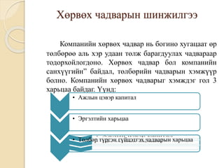 Хөрвөх чадварын шинжилгээ
Компанийн хөрвөх чадвар нь богино хугацаат өр
төлбөрөө аль хэр удаан төлж барагдуулах чадвараар
тодорхойлогдоно. Хөрвөх чадвар бол компанийн
санхүүгийн” байдал, төлбөрийн чадварын хэмжүүр
болно. Компанийн хөрвөх чадварыг хэмждэг гол 3
харьцаа байдаг. Үүнд:
• Ажлын цэвэр капитал
• Эргэлтийн харьцаа
• Төлбөр түргэн гүйцэтгэх чадварын харьцаа
 