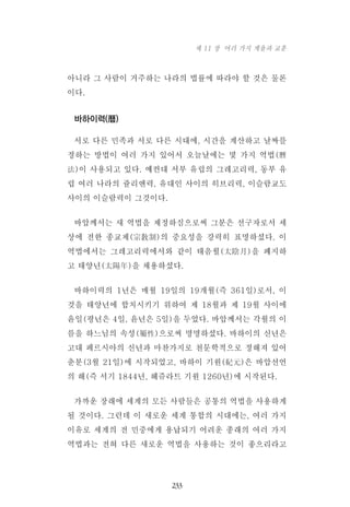 아니라 그 사람이 거주하는 나라의 법률에 따라야 할 것은 물론
이다.
바하이력(曆)
서로 다른 민족과 서로 다른 시대에, 시간을 계산하고 날짜를
정하는 방법이 여러 가지 있어서 오늘날에는 몇 가지 역법(曆
法)이 사용되고 있다. 예컨대 서부 유럽의 그레고리력, 동부 유
럽 여러 나라의 쥴리앤력, 유대인 사이의 히브리력, 이슬람교도
사이의 이슬람력이 그것이다.
바압께서는 새 역법을 제정하심으로써 그분은 선구자로서 세
상에 전한 종교제(宗敎制)의 중요성을 강력히 표명하셨다. 이
역법에서는 그레고리력에서와 같이 태음월(太陰月)을 폐지하
고 태양년(太陽年)을 채용하셨다.
바하이력의 1년은 매월 19일의 19개월(즉 361일)로서, 이
것을 태양년에 합치시키기 위하여 제 18월과 제 19월 사이에
윤일(평년은 4일, 윤년은 5일)을 두었다. 바압께서는 각월의 이
름을 하느님의 속성(屬性)으로써 명명하셨다. 바하이의 신년은
고대 페르시아의 신년과 마찬가지로 천문학적으로 정해져 있어
춘분(3월 21일)에 시작되었고, 바하이 기원(紀元)은 바압선언
의 해(즉 서기 1844년, 헤쥬라트 기원 1260년)에 시작된다.
가까운 장래에 세계의 모든 사람들은 공통의 역법을 사용하게
될 것이다. 그런데 이 새로운 세계 통합의 시대에는, 여러 가지
이유로 세계의 전 민중에게 용납되기 어려운 종래의 여러 가지
역법과는 전혀 다른 새로운 역법을 사용하는 것이 좋으리라고
233
제 11 장 여러 가지 계율과 교훈
 