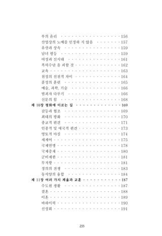 부의 윤리 ·················156
산업상의 노예를 인정하 지 않음 ·······157
유산과 상속 ················159
남녀 평등 ·················159
여성과 신시대 ···············161
폭력수단 을 피할 것 ·············162
교육 ····················163
천성의 선천적 차이 ·············164
품성의 훈련 ················165
예술, 과학, 기술 ··············166
범죄자 다루기 ···············166
신문의 힘 ·················168
제 10장 평화에 이르는 길 ·············169
갈등과 협조 ················169
최대의 평화 ················170
종교적 편견 ················171
인종적 및 애국적 편견 ············173
영토적 야심 ················174
세계어 ···················175
국제연맹 ··················178
국제중재 ··················180
군비제한 ··················181
무저항 ···················181
정의의 전쟁 ················183
동서양의 융합 ···············184
제 11장 여러 가지 계율과 교훈 ···········187
수도원 생활 ················187
결혼 ····················188
이혼 ····················189
바하이력 ··················190
신성회 ···················191
233
 
