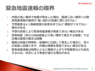 1. 内陸の浅い場所で地震が発生した場合、震源に近い場所への緊
急地震速報の提供が 強い揺れの到達に間に合わない
2. 予想震度は±１階級程度の誤差を伴うなど 精度が十分でない
場合がある
3. 予想の誤差により緊急地震速報が発表できない場合がある
4. 深発地震（深さ100㎞程度より深い場所で発生する地震）では
正確な震度の推定は困難
5. 複数の地震が時間的・距離的に近接して発生した場合に、別々
の地震と認識できず、的確な情報を発表できない場合がある
6. 緊急地震速報は時間とともに精度が上がり予想震度なども変化
するため、状況により発表が遅れる場合がある
RC Solution Co.
Copyright © 2015 RC Solution Co. All rights reserved. 6
 